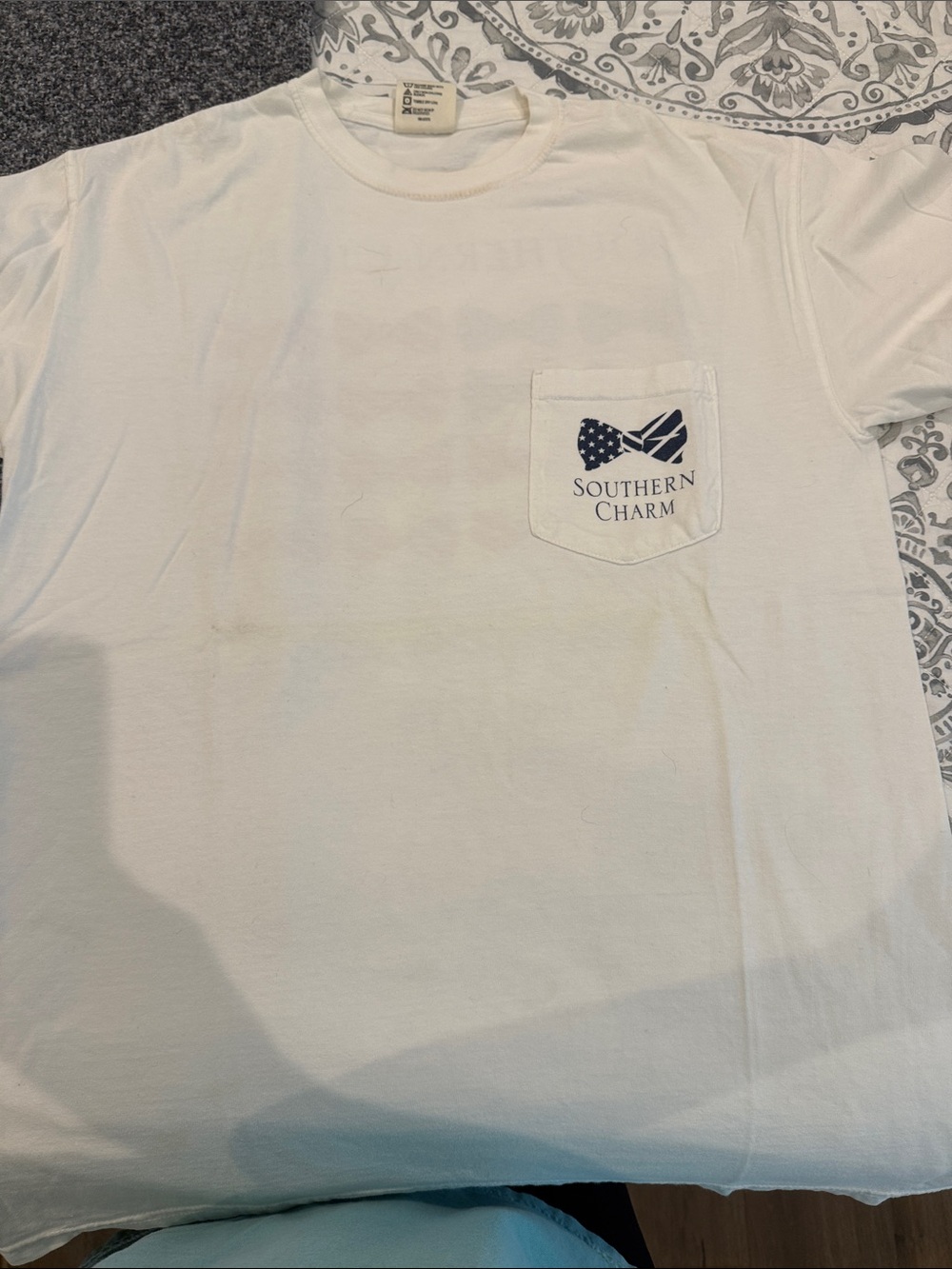 Comfort Colors White Short-Sleeve Pocket Tee with Navy Bow Graphic